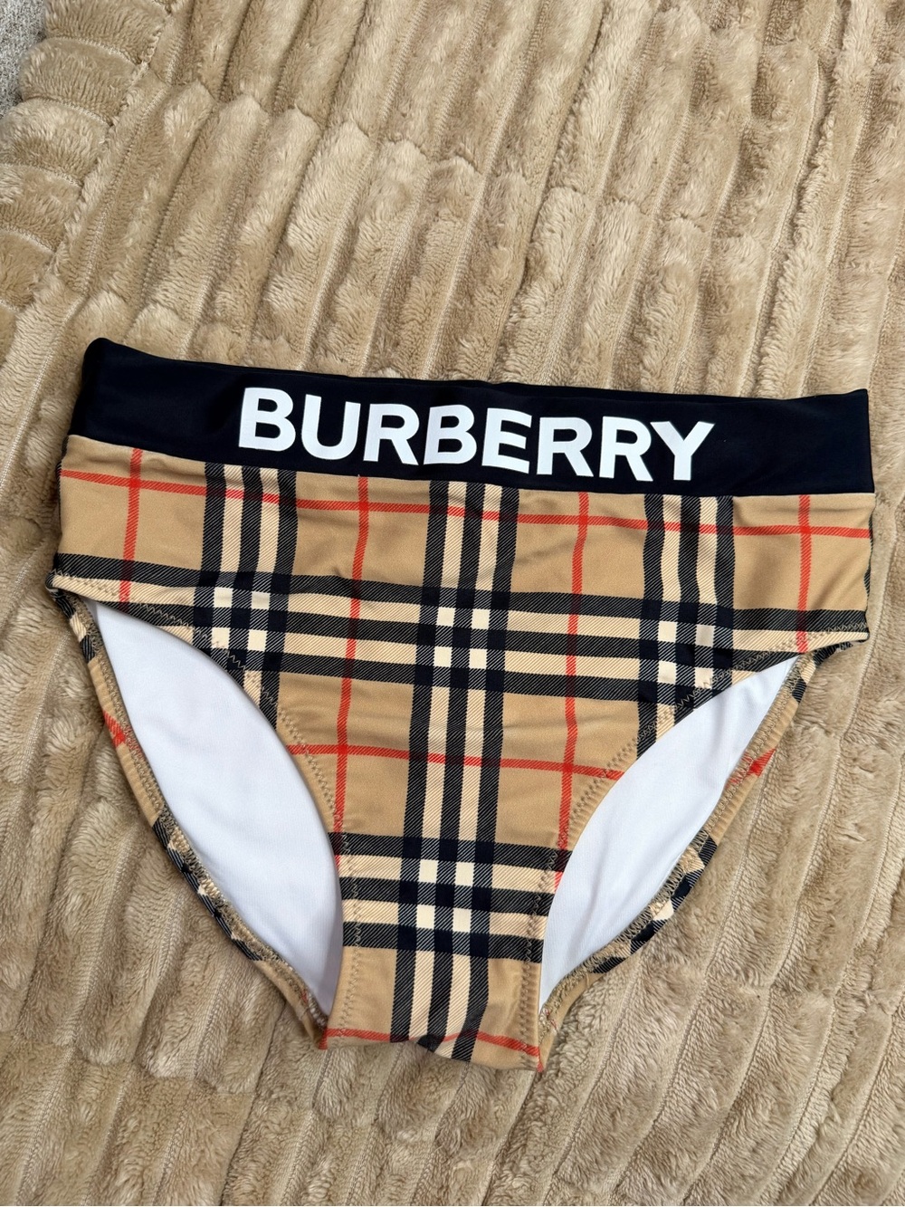 Burberry Kids' Tan Check Bikini Bottom with Black Logo Waistband